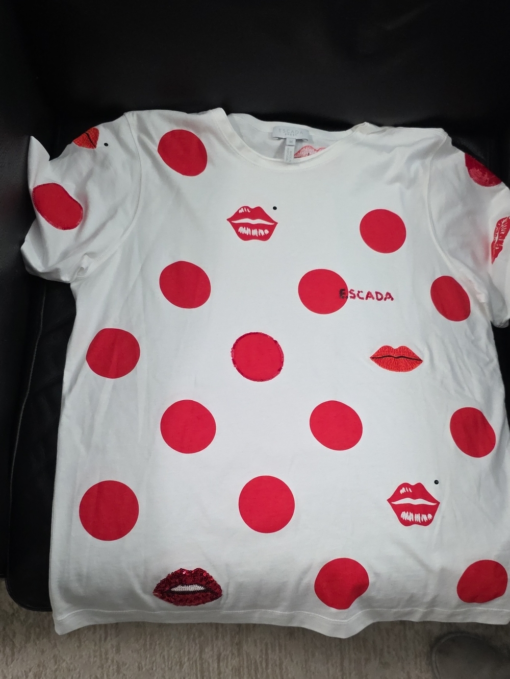 Escada  White Tee with Red Polka Dots and Lip Appliqués